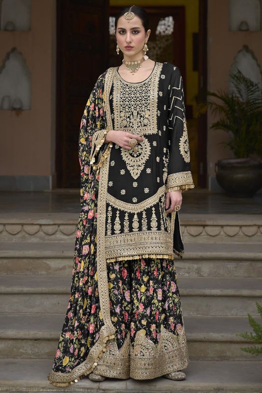 Black Multi Print Silk Embroidered Sharara Suit