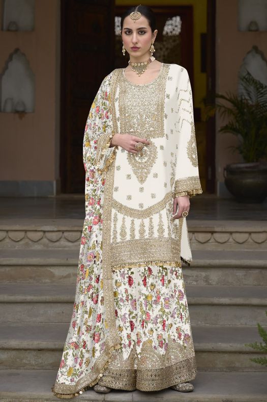 Ivory Multi Print Silk Embroidered Sharara Suit