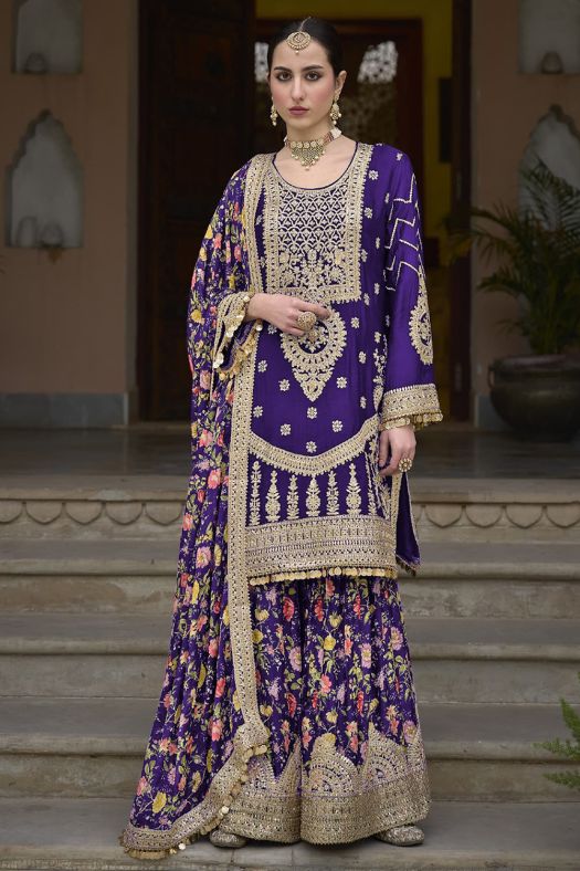 Dark Purple Multi Print Silk Embroidered Sharara Suit
