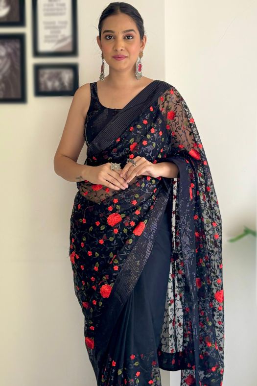 Black Sequins Net Embroidered Saree