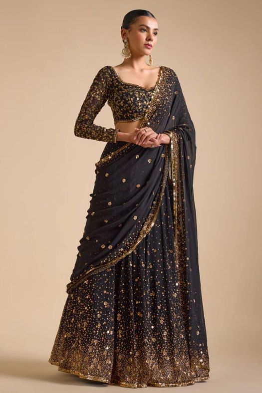 Black Heavy Sequins Georgette Lehenga