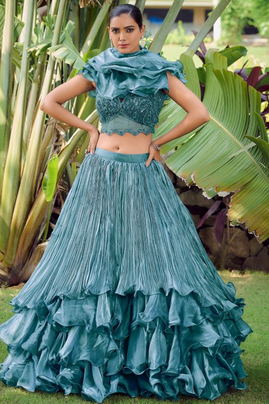 Teal Blue Embroidered Silk Lehenga With Ruffle Choli