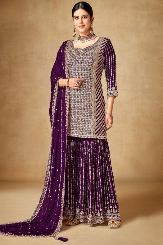 Purple Zari Work Chinon Sharara Suit Set