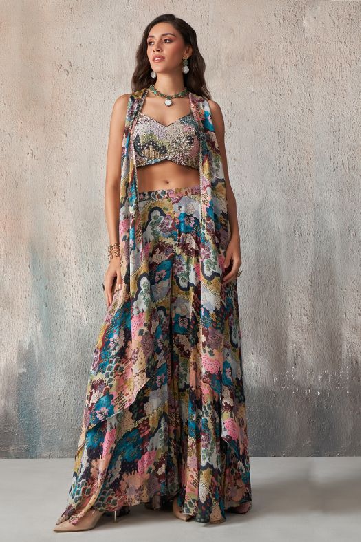 Blue Chinon Printed Lehenga Set