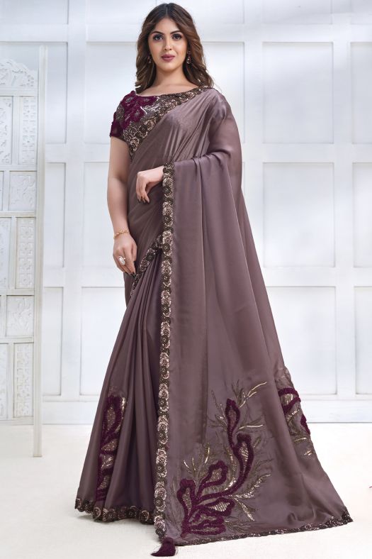 Taupe Mauve Sequence Embroidered Satin Silk Saree