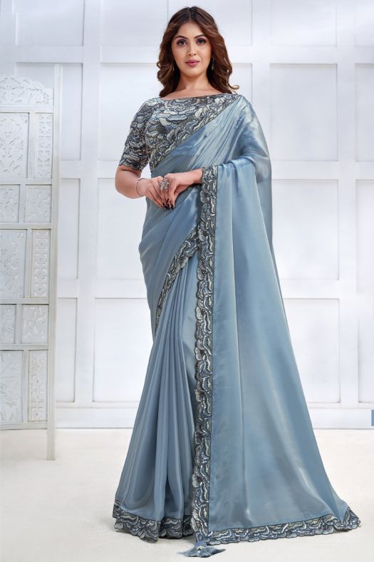 Slate Blue Sequence Embroidered Satin Silk Saree