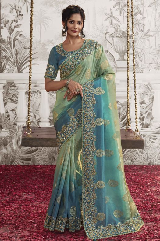 Pastel Green Heavy Embroidered Satin Saree With Embellishment