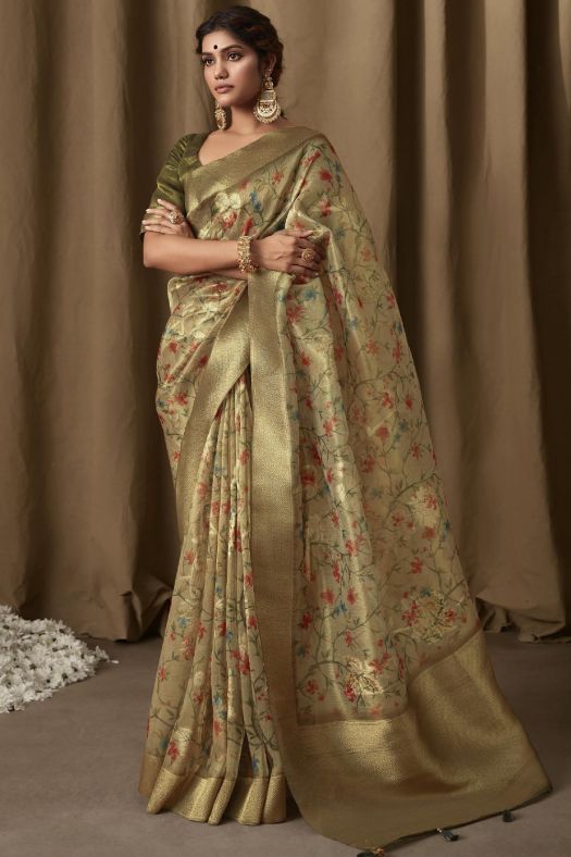 Greenish Gold Banarasi Tissue Jacquard Saree