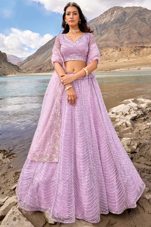 Pastel Violet Heavy Net Lehenga Choli With Mirror Work