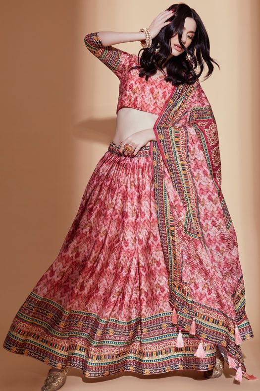 Salmon Pink Chinon Lehenga Choli With Embroidery And Digital Print Work