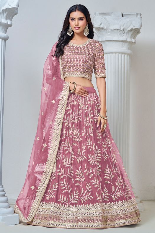 Pink Embroidered Net Lehenga