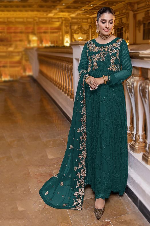 Pine Green Sequin Embroidered Chiffon Silk Anarkali Suit