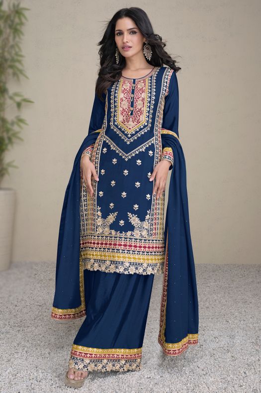 Navy Blue With Multicolor Thread Work Embroidered Silk Sharara Suit