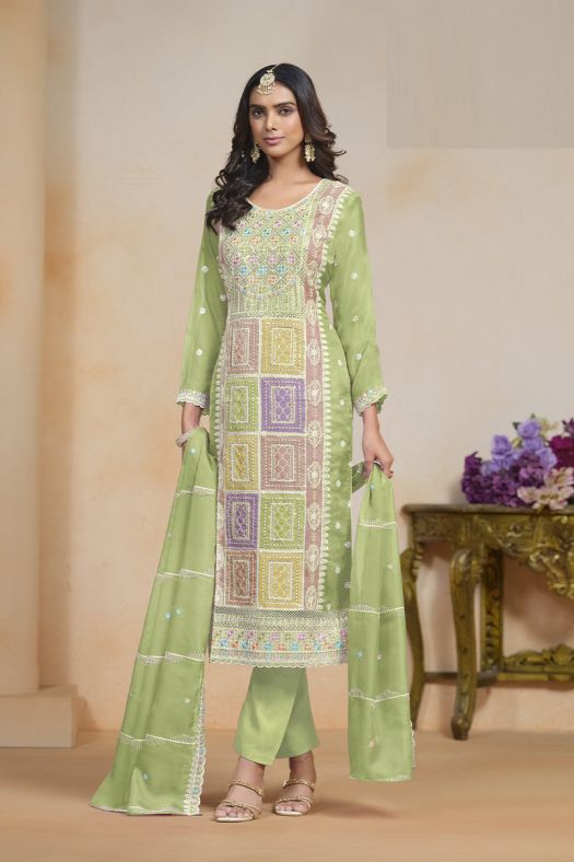 Pistachio Multicolor Embroidered Organza Trouser Suit