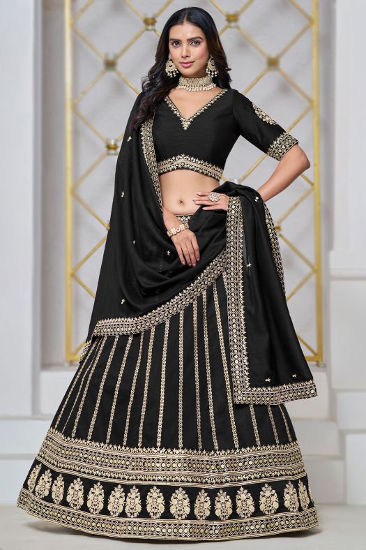 Black Embroidered Silk Lehenga