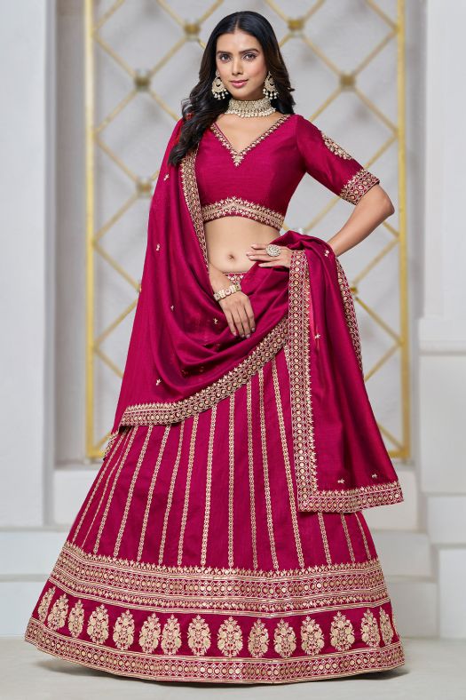Magenta Pink Embroidered Silk Lehenga
