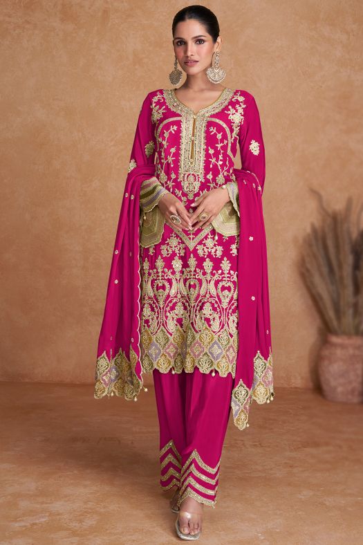 Ruby Pink Embroidered Chinnon Silk Trouser Suit