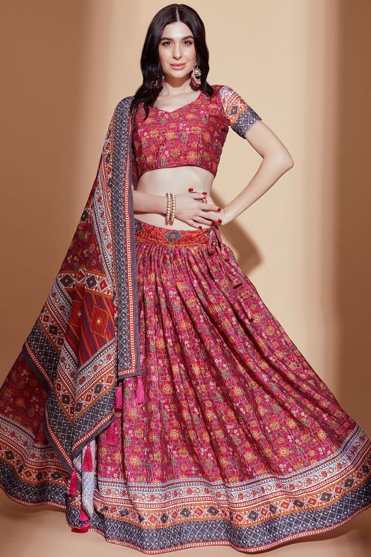 Rani Pink Chinon Lehenga Choli With Embroidery And Digital Print Work