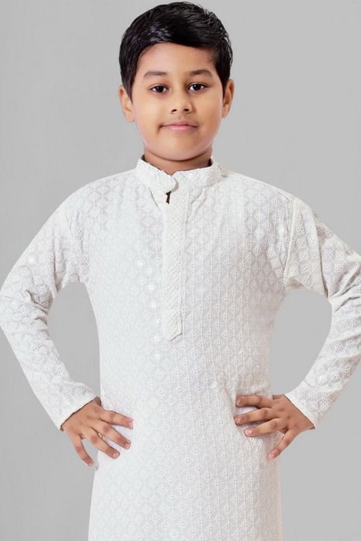 Off White Embroidered Kids Cotton Kurta