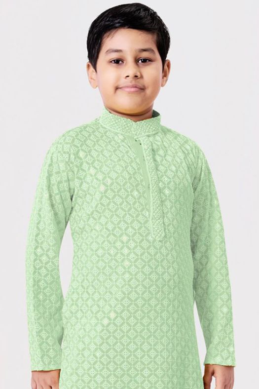 Parrot Green Embroidered Kids Cotton Kurta