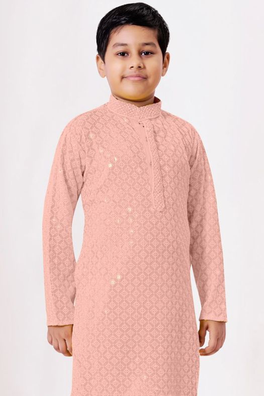 Peach Embroidered Kids Cotton Kurta