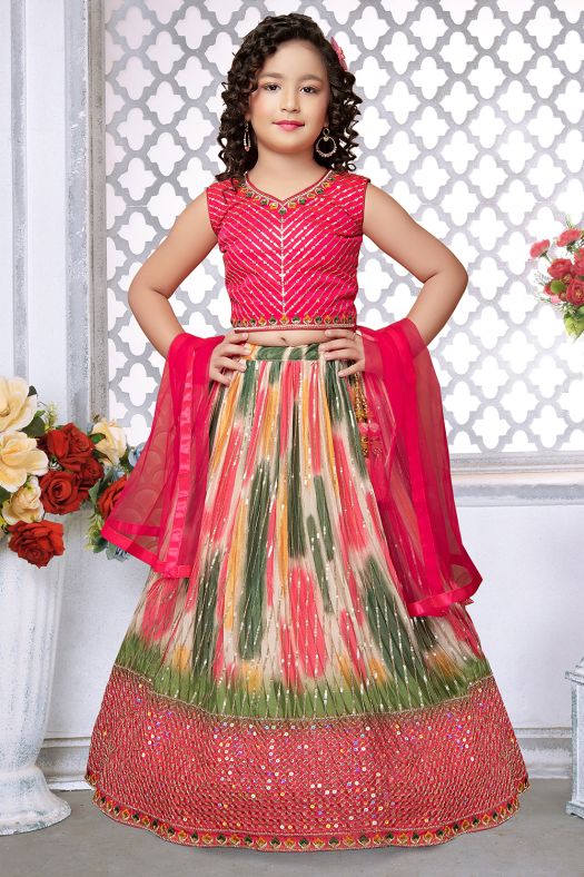 Dark Pink Printed Georgette Multicolor Lehenga Set