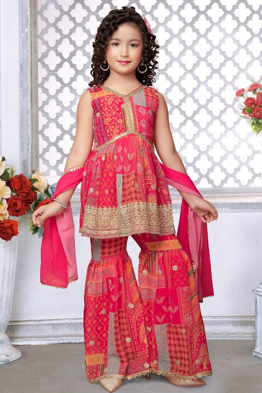 Dark Pink Printed Georgette Gharara Set