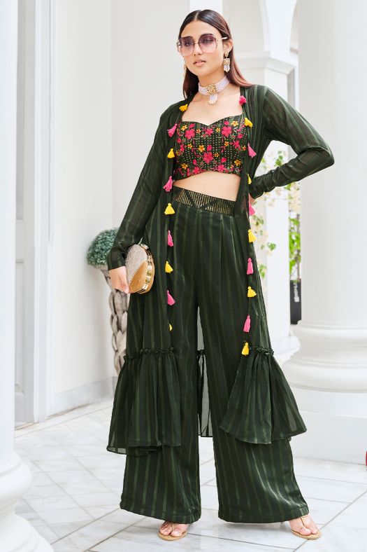 Olive Green Georgette Embroidered Co-ord Set