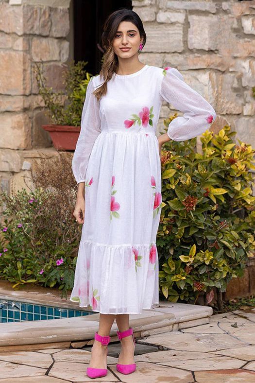 White Floral Printed Cotton Dress