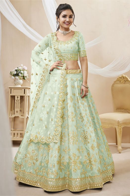 Pastel Green Embroidered Art Silk Lehenga