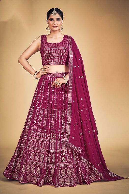 Dark Pink Embroidered Georgette Lehenga Set