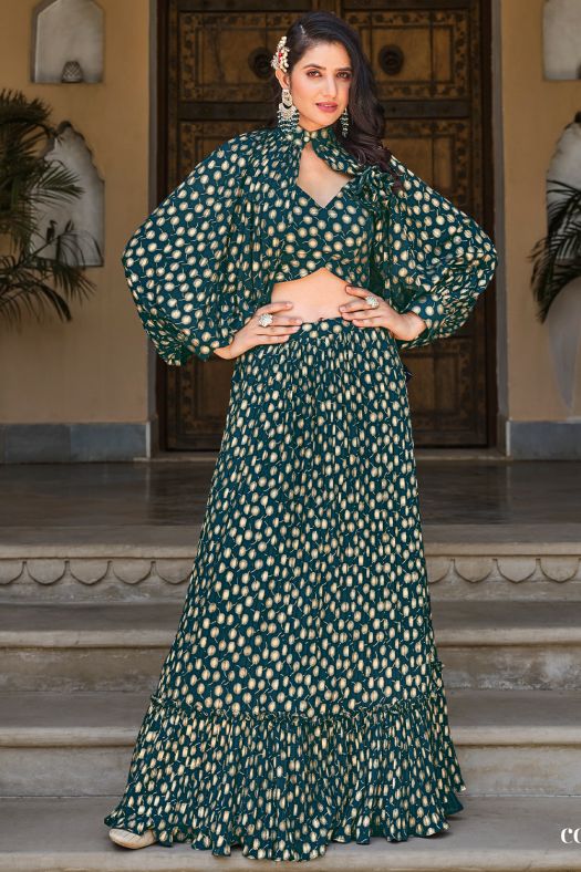 Bottle Green Printed Georgette Lehenga Set 