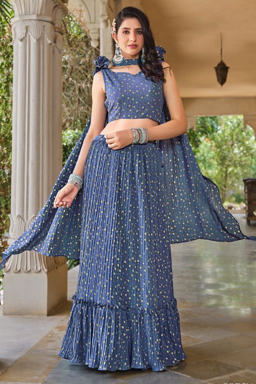 Dusty Blue Printed Georgette Lehenga Set With Shoulder Dupatta