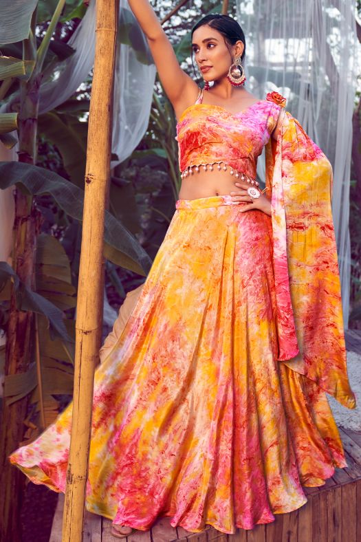 Orange Multicolor Printed Silk Lehenga Set With Shoulder Dupatta