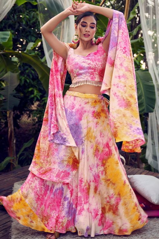 Pink Multicolor Printed Silk Lehenga Set With Shoulder Dupatta