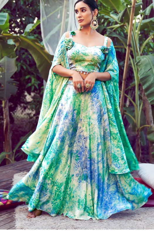 Blue Multicolor Printed Silk Lehenga Set With Dupatta