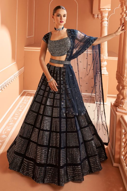Black Cut Dana Embroidered Velvet Panelled Style Lehenga