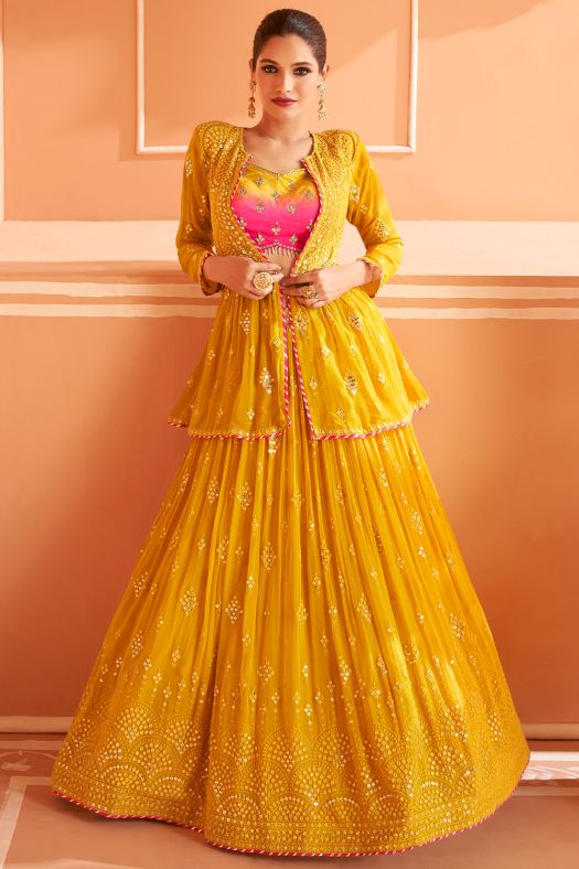 Mustard Yellow Embroidered Georgette Lehenga