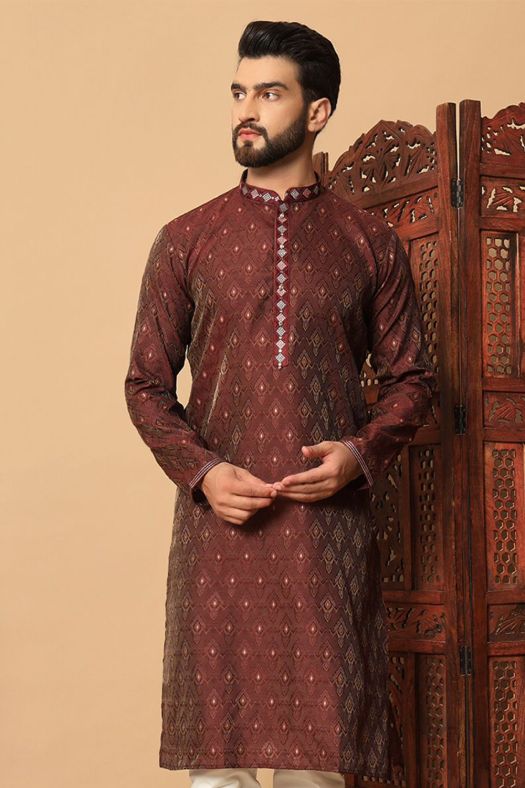 Dark Maroon Jacquard Men's Kurta Pajama