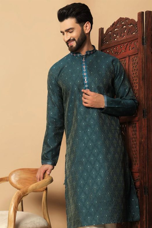 Teal Green Jacquard Men's Kurta Pajama
