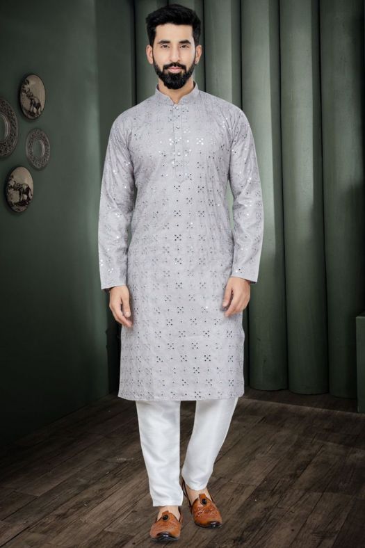 Grey Cotton Embroidered Kurta Pyjama