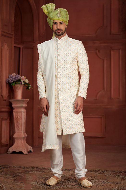 Cream Embroidered Silk Sherwani Set