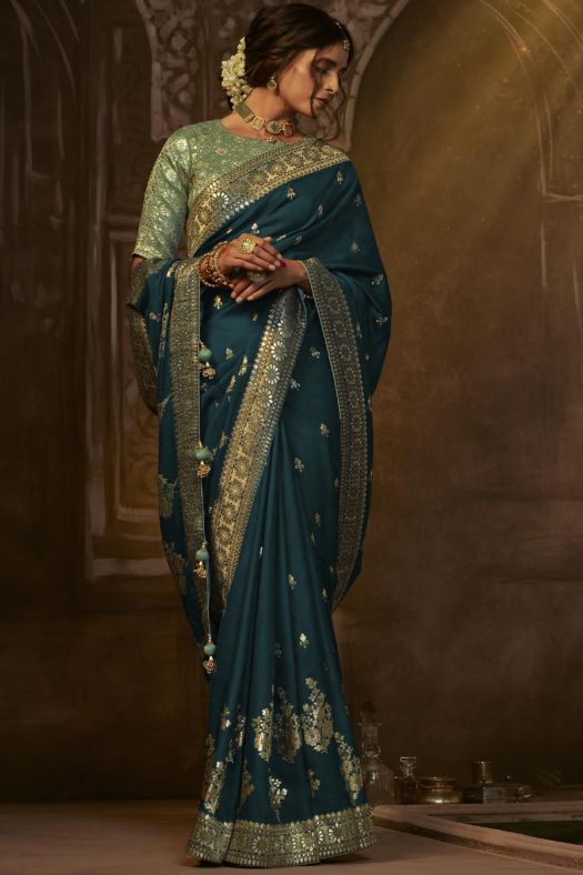 Teal Blue Silk Ethnic Embroidered Saree