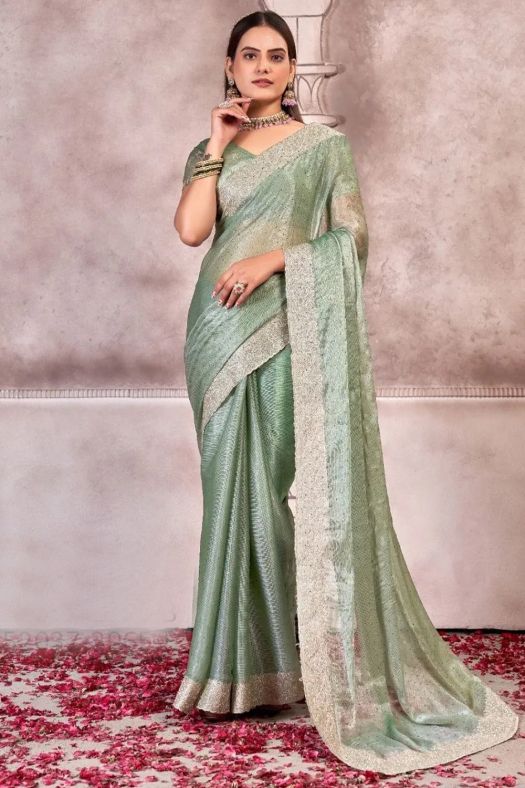 Green Embroidered Chiffon Saree