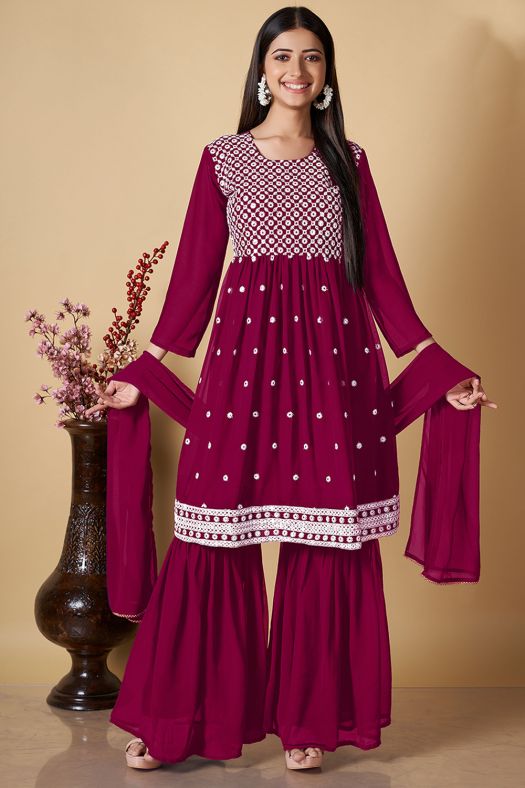 Maroon Embroidered Georgette Gharara Suit