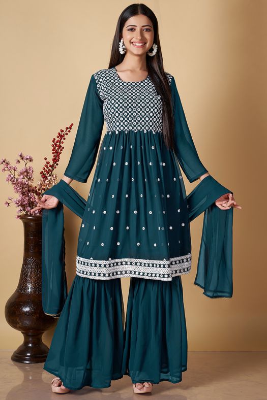 Teal Green Embroidered Georgette Gharara Suit