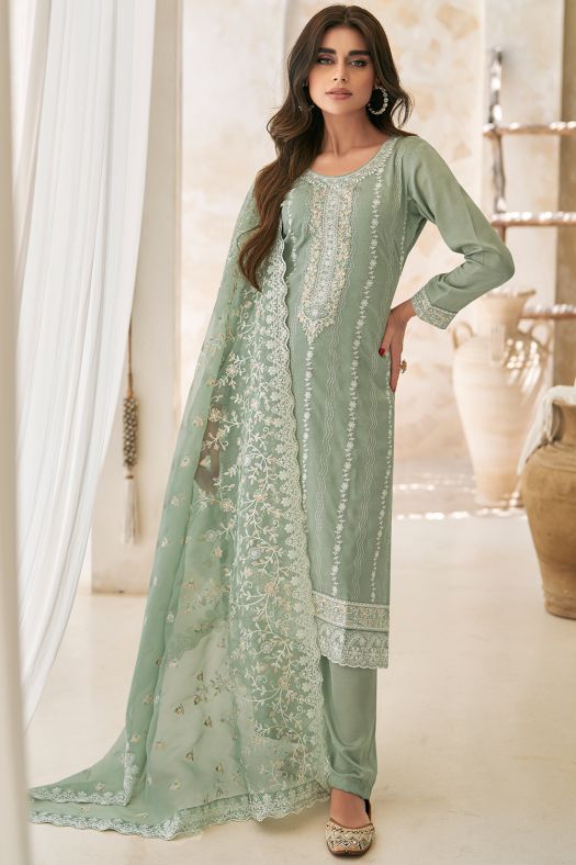 Dusty Green Silk Pakistani Suit