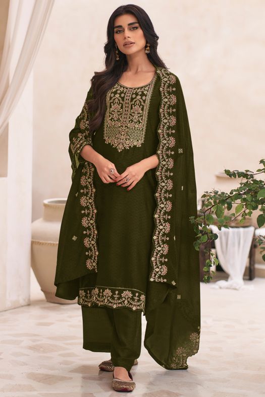 Dark Olive Green Embroidered Suit Silk Set