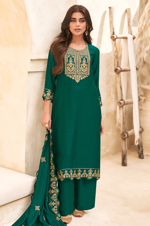 Teal Green Embroidered Suit Silk Set