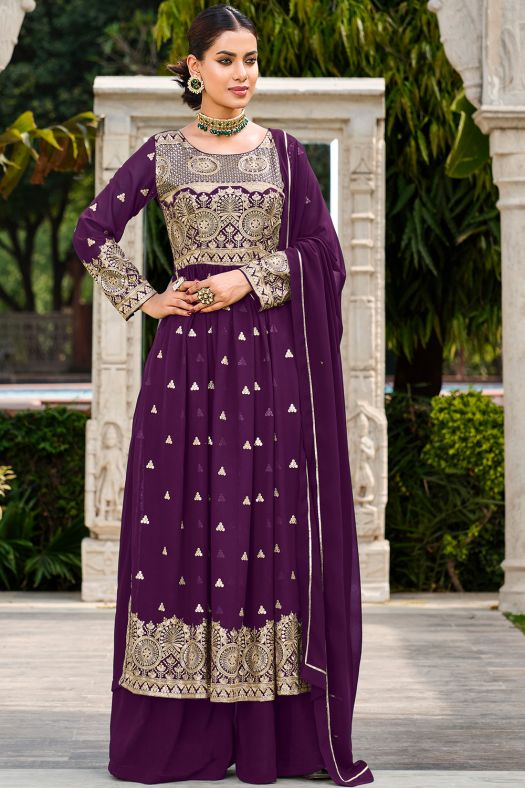 Plum Purple Zari Embroidered Georgette Palazzo Suit